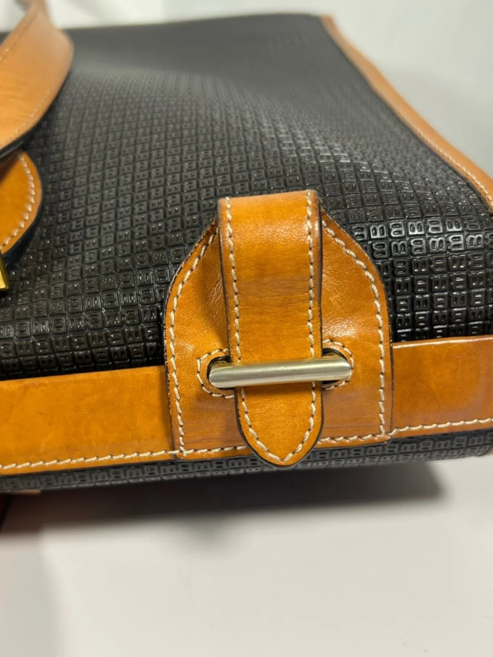 3077: Vintage Bally Micro B Monogram Black & Tan Leather Tote